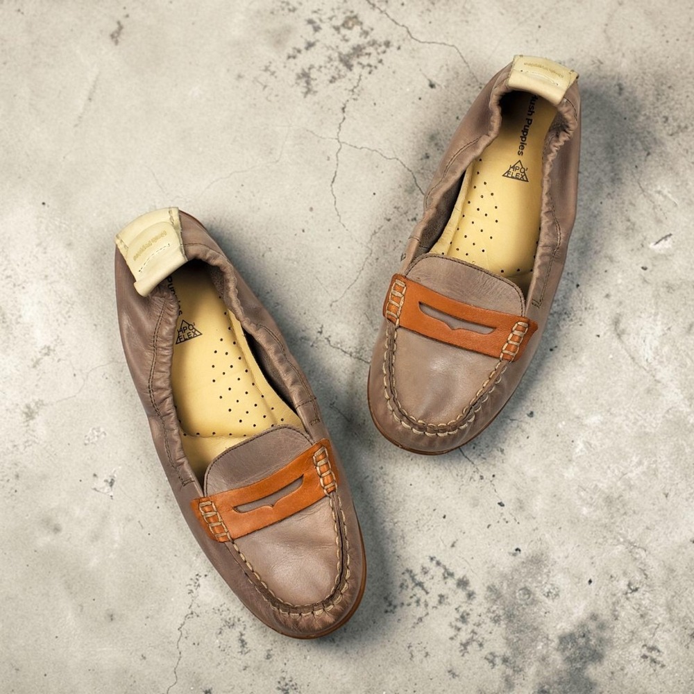 Hush Puppies HPO2 Flex Leather Penny Loafers Taupe Tan HW05282-252 Womens Size 9